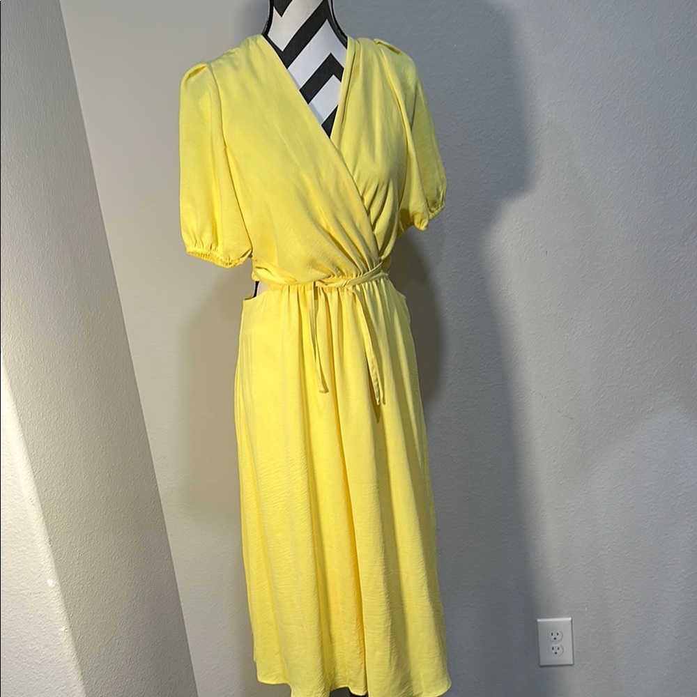 Maison Tara Yellow Midi Dress with Tie Waist and Side Cutouts, Size 12